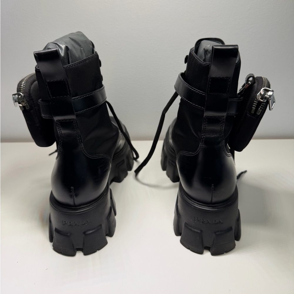 Prada Monolith Combat Boots Black Re-Nylon Leather Pouches EU 40.5 - Picture 4 of 10